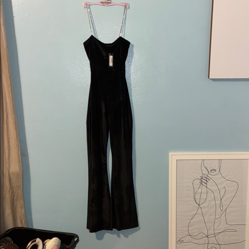 Black Velvet Jumpsuit w/ Diamond Studded straps